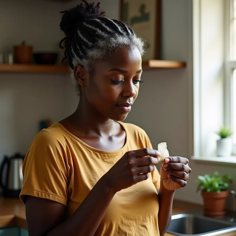 Mulher negra analisando sachê de chá usado.