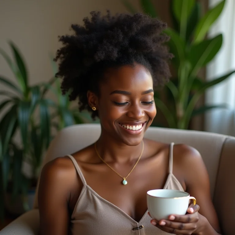 Mulher negra apreciando chá de capim limão e gengibre.