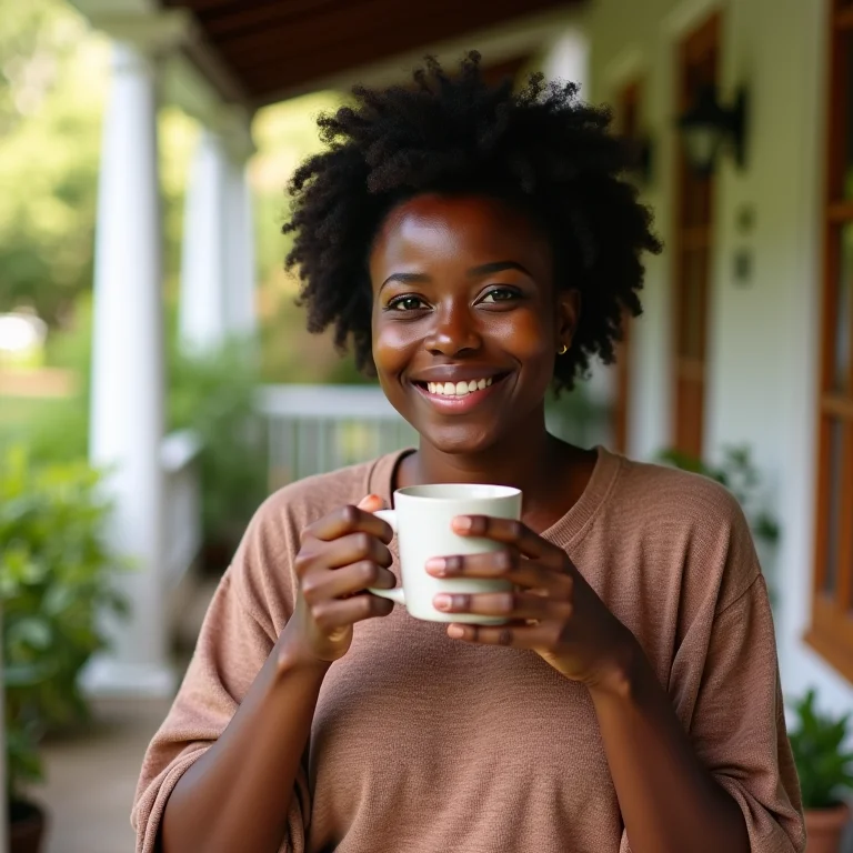 Mulher negra bebendo chá verde em varanda ensolarada.