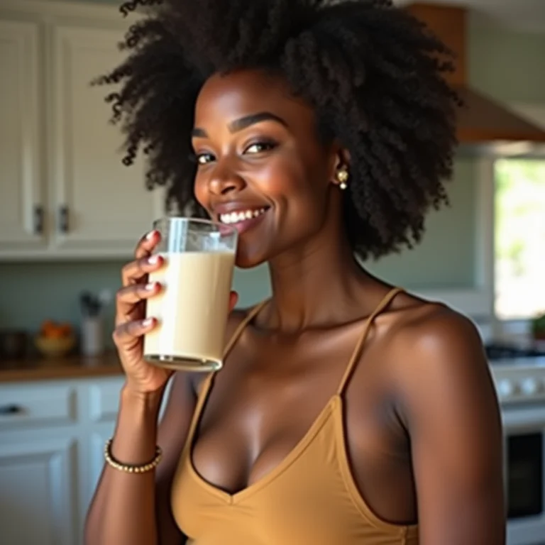 Mulher negra bebendo smoothie feito com leite de aveia.