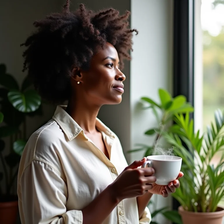 Mulher negra brasileira apreciando uma xícara de chá de boldo perto da janela.