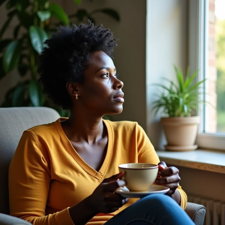Mulher negra brasileira apreciando uma xícara de chá de cavalinha.