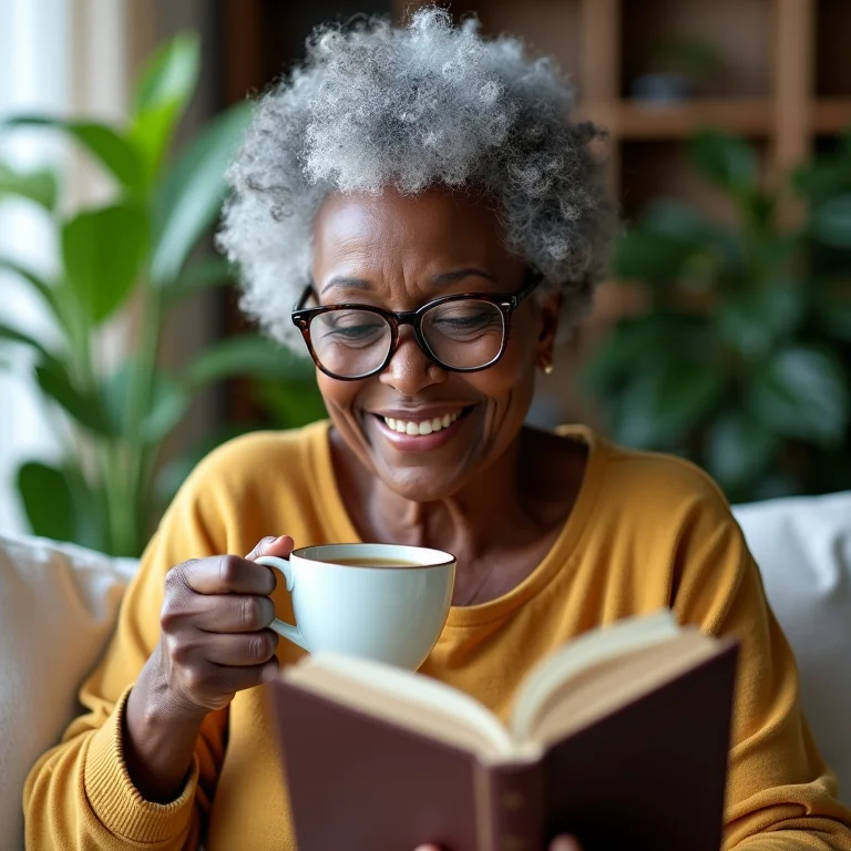 Mulher negra brasileira aproveitando chá e leitura