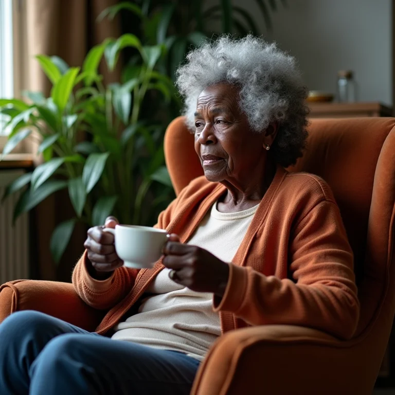 Mulher negra brasileira de 70 anos tomando chá de cavalinha em poltrona aconchegante.