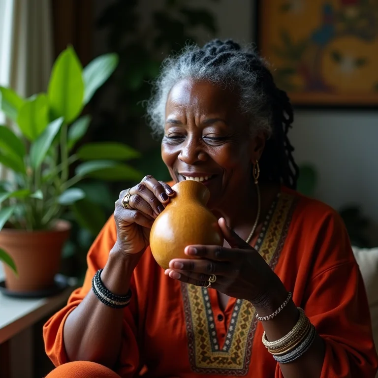 Mulher negra brasileira idosa bebendo mate.