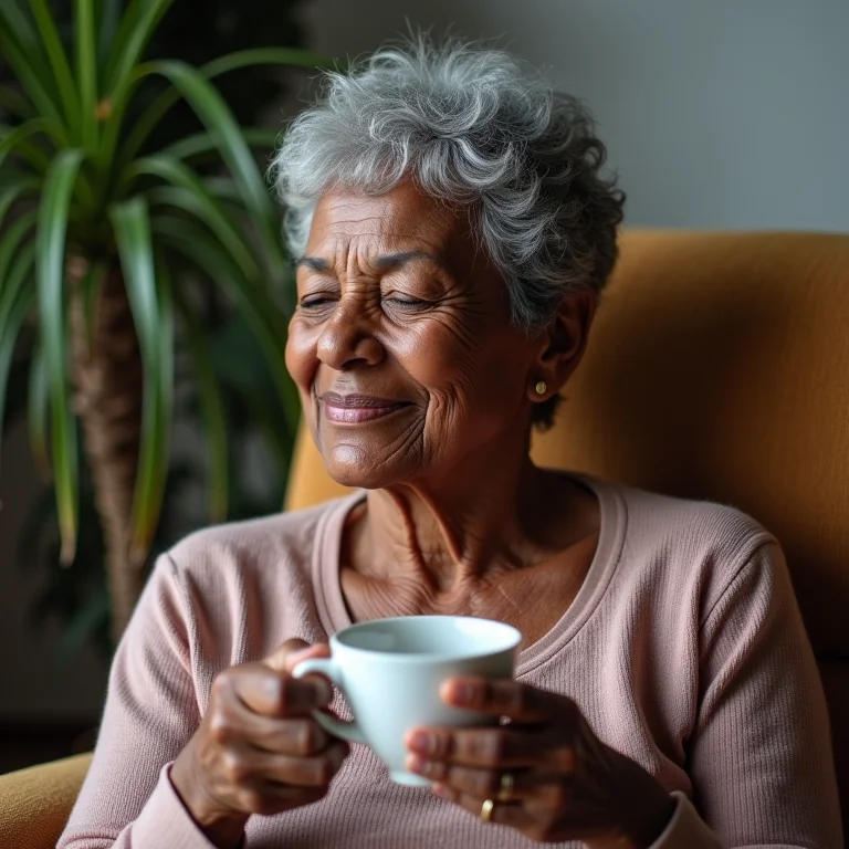 Mulher negra brasileira idosa relaxando com uma xícara de chá