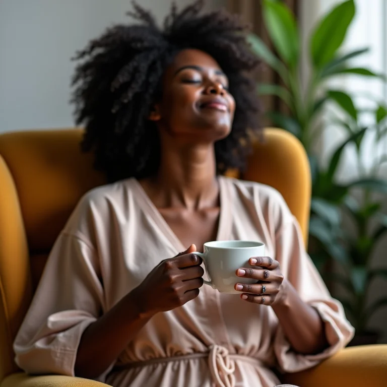 Mulher negra brasileira relaxando e aliviando a ansiedade com chá de erva cidreira.