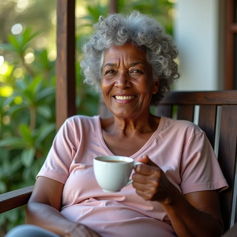 Mulher negra brasileira sorrindo com xícara de chá preto.