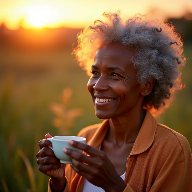 Mulher negra brasileira sorrindo enquanto bebe chá de chia ao nascer do sol.
