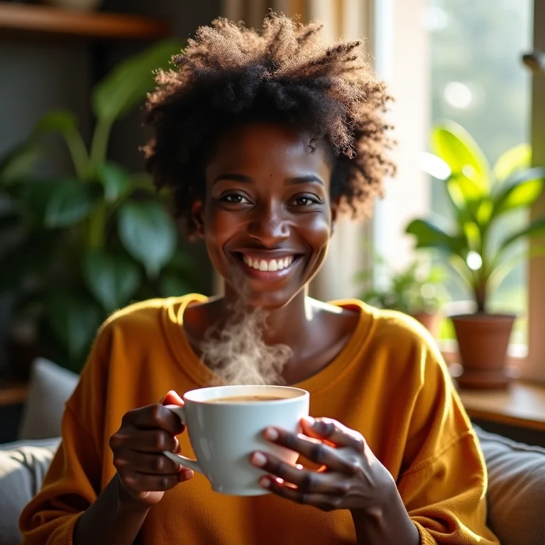 Mulher negra brasileira sorrindo enquanto bebe chá de Marapuama