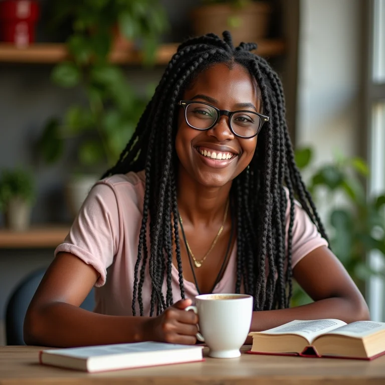 Mulher negra brasileira sorrindo enquanto lê um livro e bebe chá de hibisco.