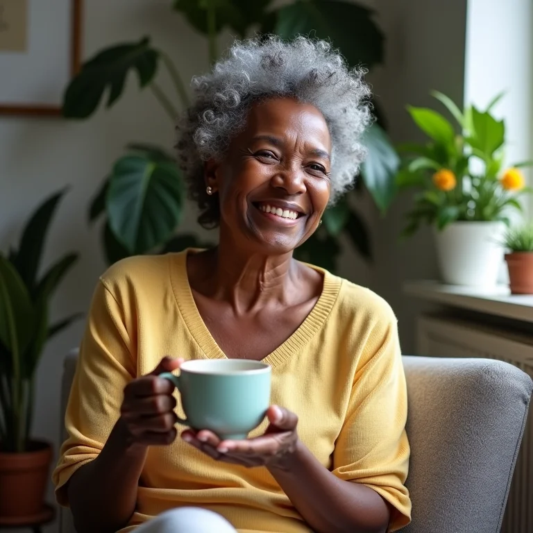Mulher negra brasileira sorrindo enquanto segura uma xícara de chá de camomila, uma alternativa segura ao chá de erva doce.