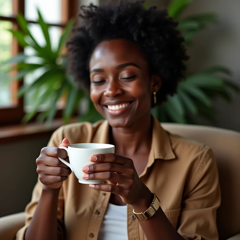 Mulher negra brasileira sorrindo enquanto segura xícara de chá