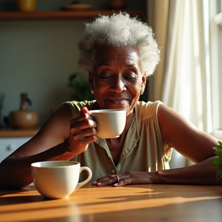 Mulher negra brasileira tomando chá de melissa.