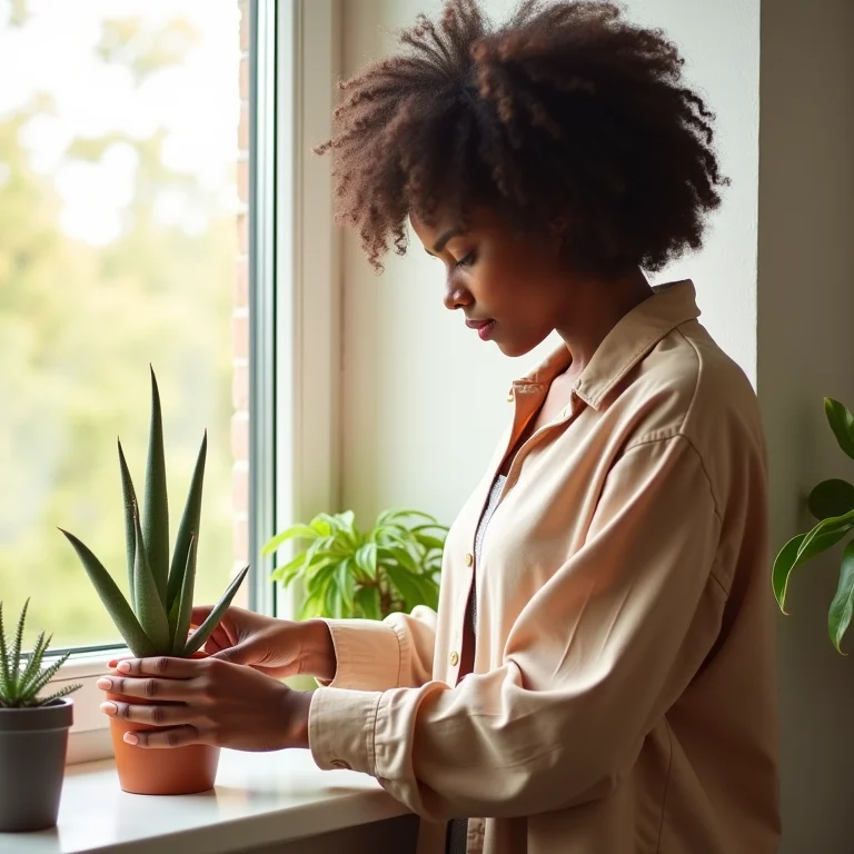 Mulher negra colocando suculenta em um parapeito ensolarado