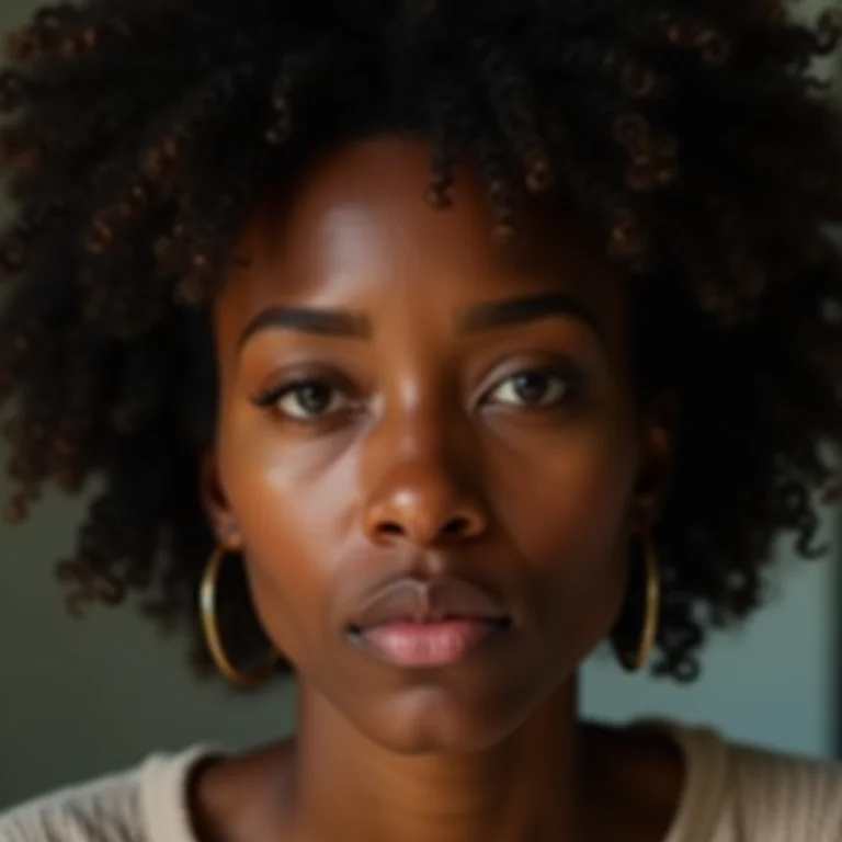 Mulher negra com conjuntivite e expressão cansada