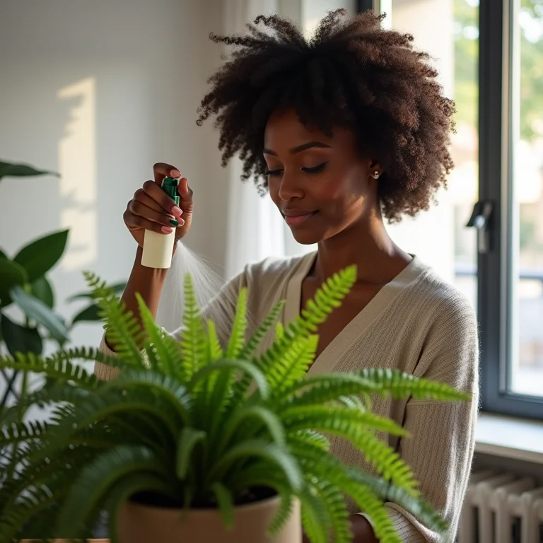 Mulher negra cuidando de samambaia com borrifador em apartamento