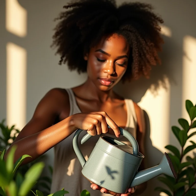 Mulher negra cuidando de sua planta de arruda com carinho.