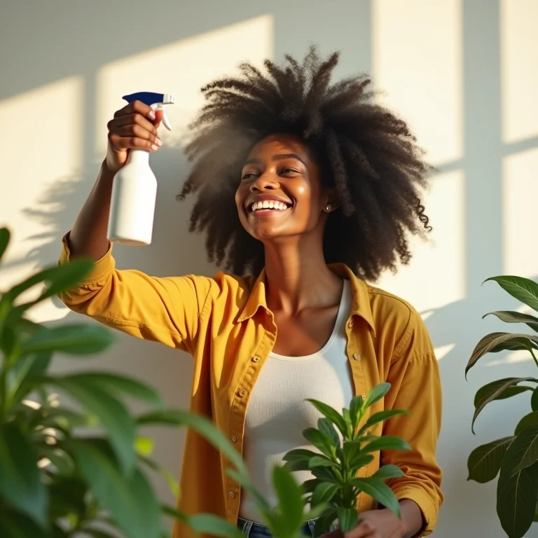 Mulher negra cuidando de suas plantas em casa.