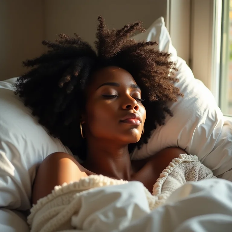 Mulher negra dormindo tranquilamente, representando o efeito calmante da marcela.