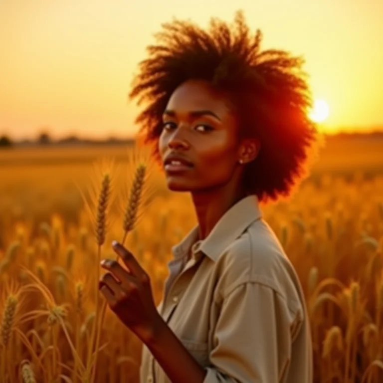 Mulher negra inspecionando plantação de trigo