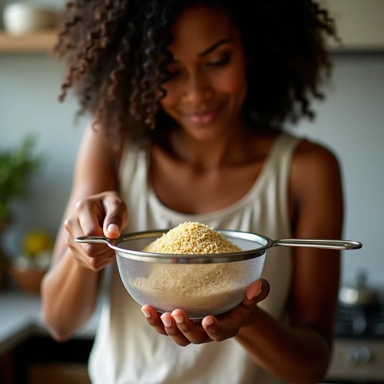 Mulher negra lavando quinoa em peneira