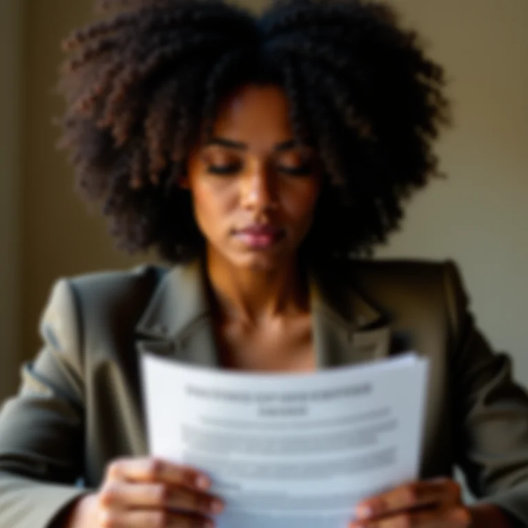 Mulher negra lendo contrato com atenção