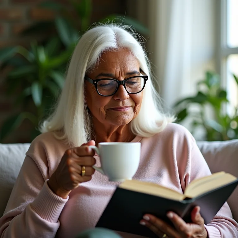 Mulher negra mais velha lendo e tomando chá
