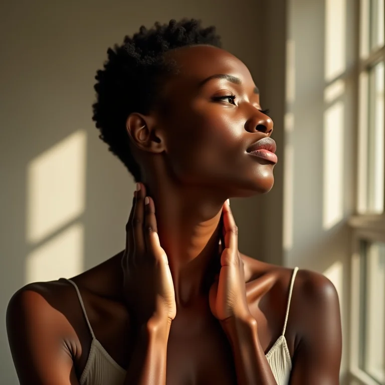 Mulher negra massageando o pescoço para aliviar a inflamação.
