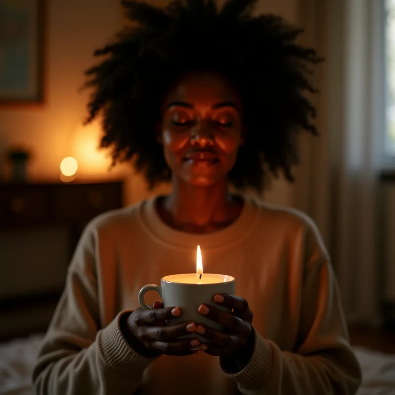 Mulher negra meditando com chá de camomila para saúde mental.