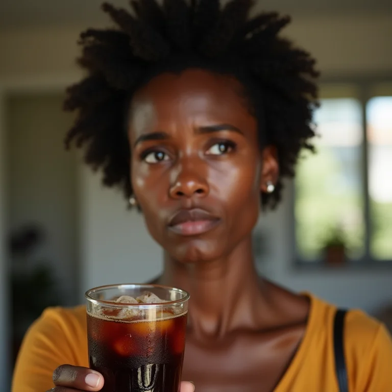 Mulher negra preocupada segurando copo de chá gelado com Coca-Cola