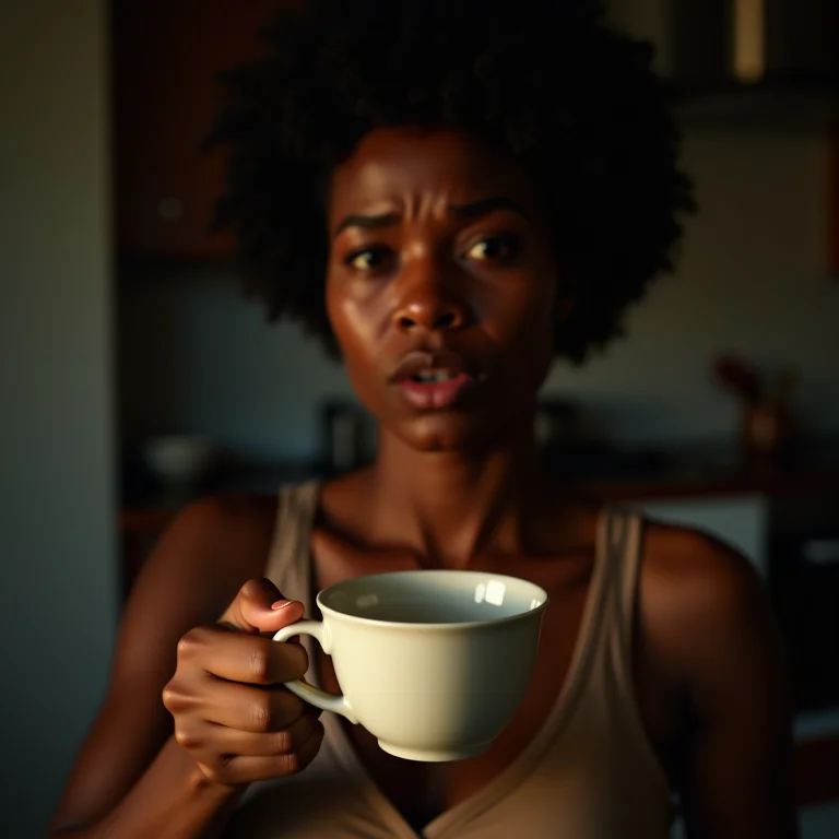 Mulher negra preocupada segurando xícara de chá, contraindicações.