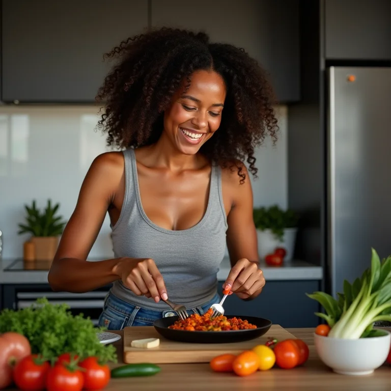 Mulher negra preparando prato picante na cozinha
