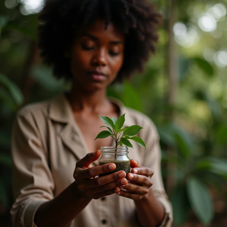 Mulher negra preparando remédio caseiro com arruda