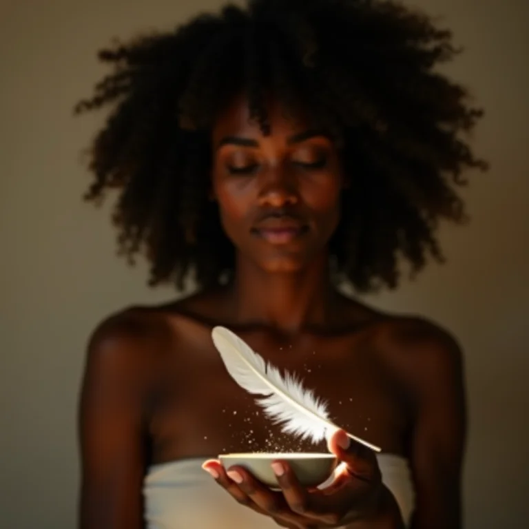 Mulher negra realizando ritual de limpeza com arruda com pinga.