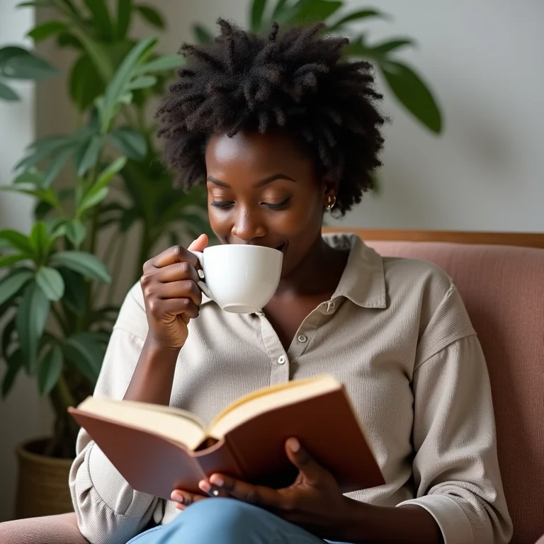 Mulher negra relaxando com chá e livro