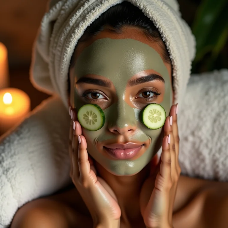 Mulher negra relaxando com máscara facial e pepinos nos olhos em spa day caseiro.