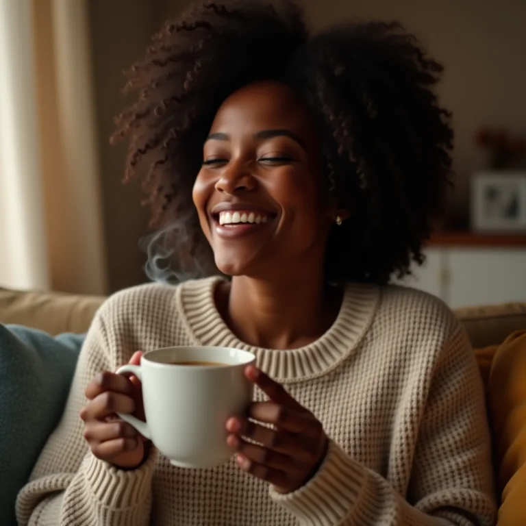 Mulher negra relaxando com uma xícara de chá para alívio da tosse