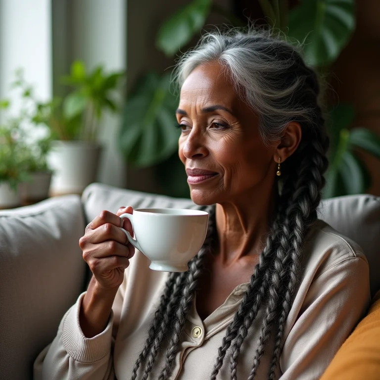 Mulher negra relaxando com uma xícara de chá.
