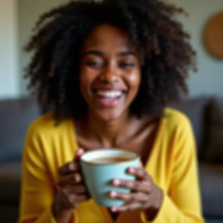 Mulher negra rindo enquanto segura xícara de chá de erva cidreira