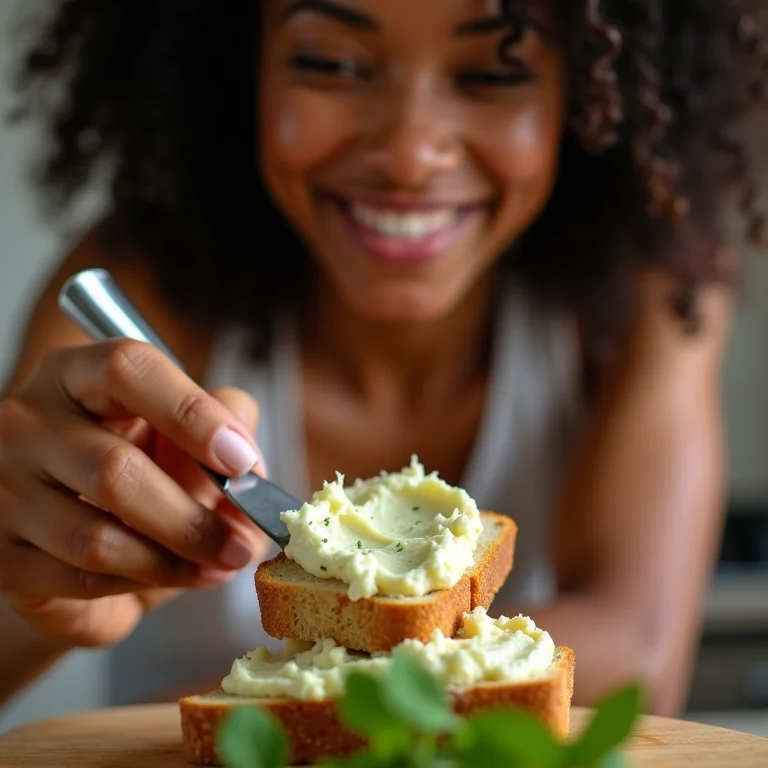 Mulher negra saboreando pão com manteiga de ervas.