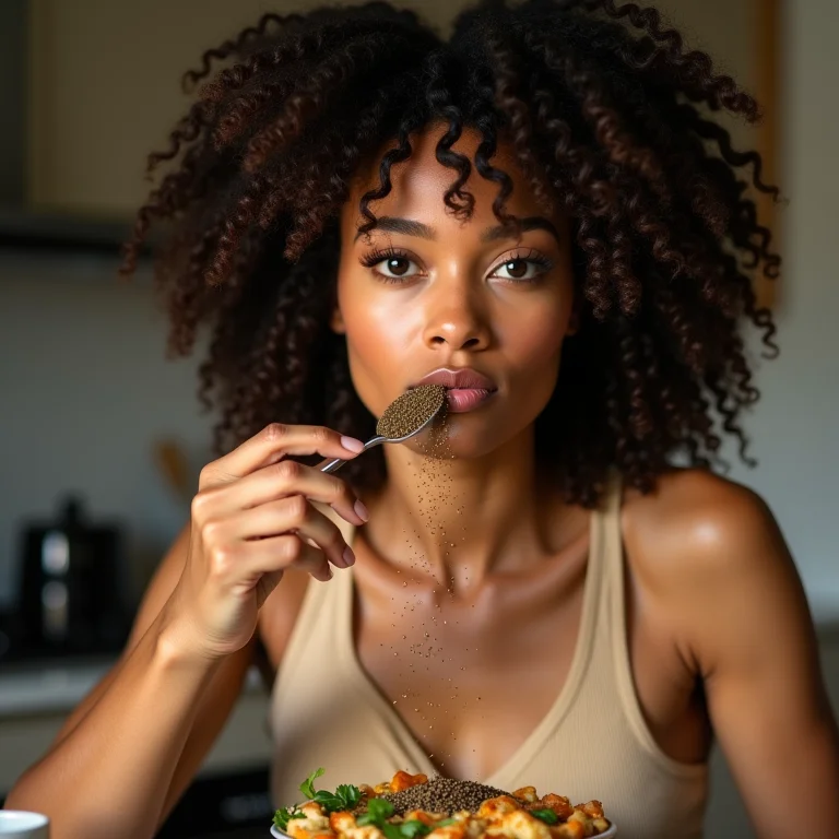 Mulher negra saboreando refeição com pimenta do reino moída na hora.