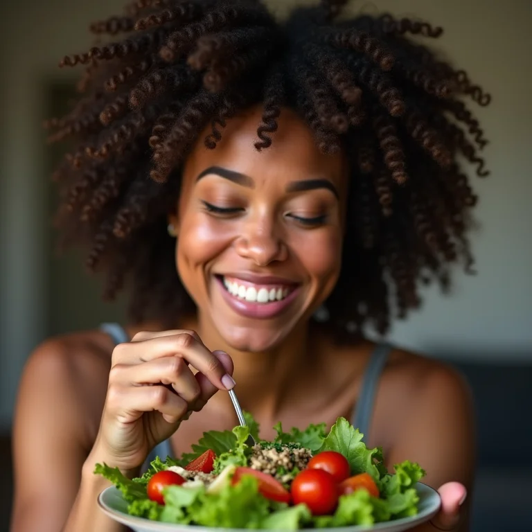 Mulher negra saboreando salada com Ora Pro Nóbis