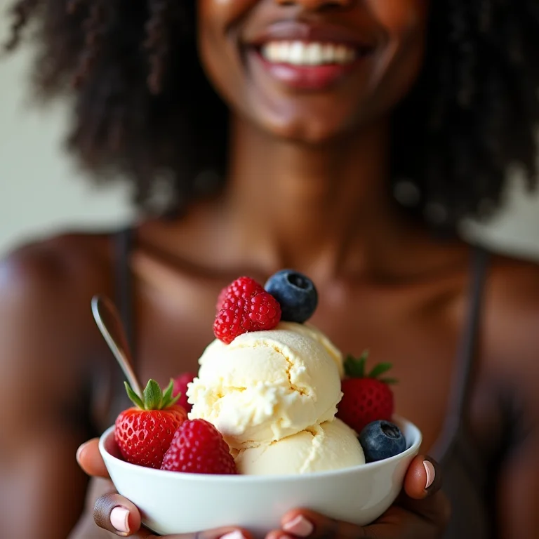 Mulher negra saboreando sorvete de baunilha com frutas vermelhas.