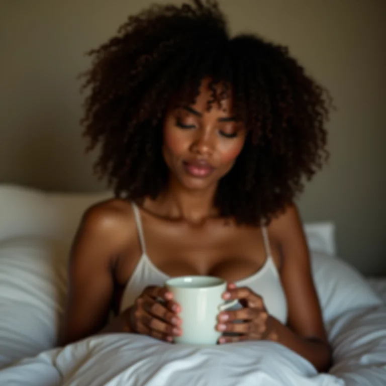 Mulher negra segurando xícara de leite lunar antes de dormir.