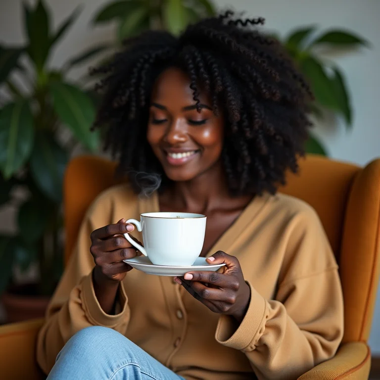 Mulher negra soprando suavemente em xícara de chá em ambiente aconchegante