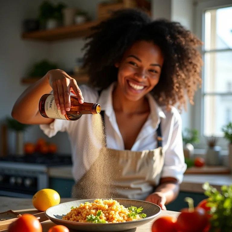 Mulher negra sorrindo ao temperar um prato com tempero baiano.