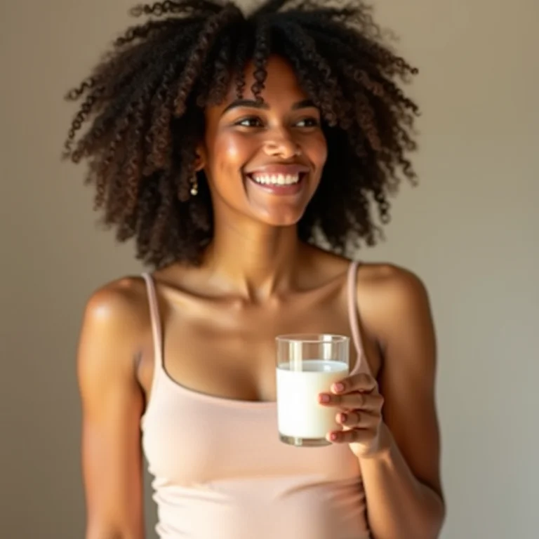Mulher negra sorrindo bebendo leite de arroz.
