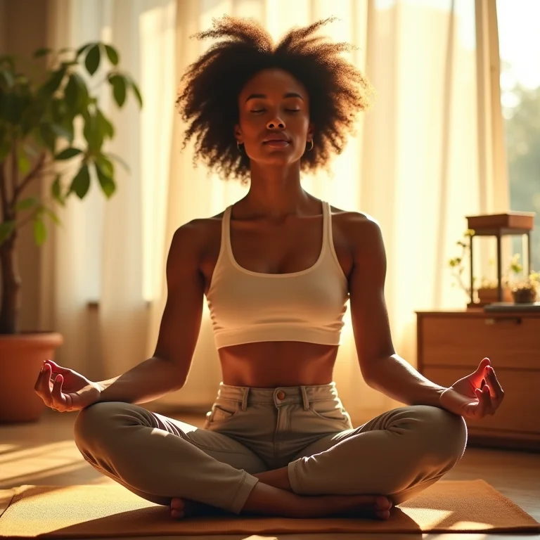Mulher negra sorrindo calmamente enquanto bebe chá de camomila.