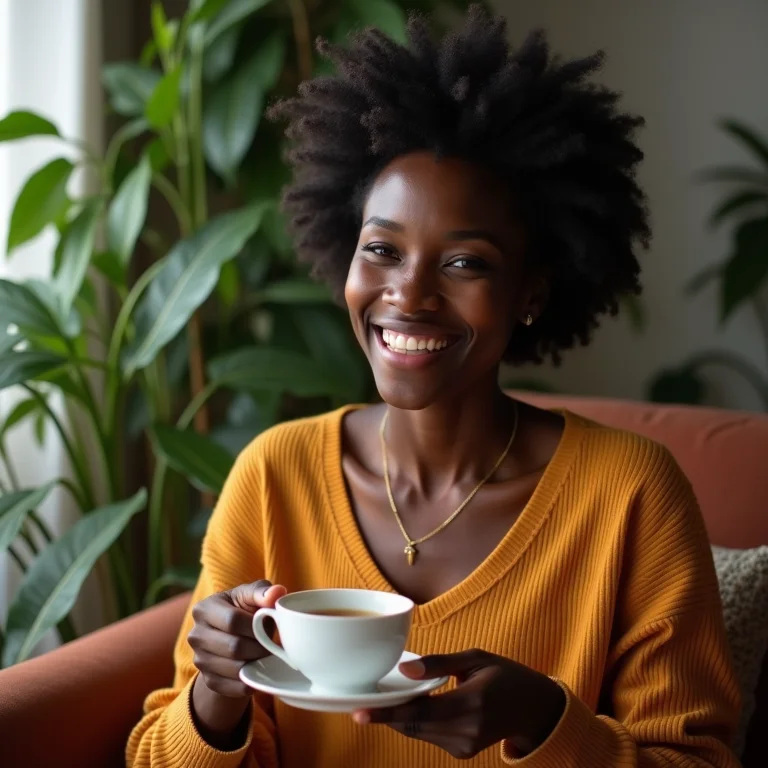Mulher negra sorrindo com xícara de chá de sabugueiro.